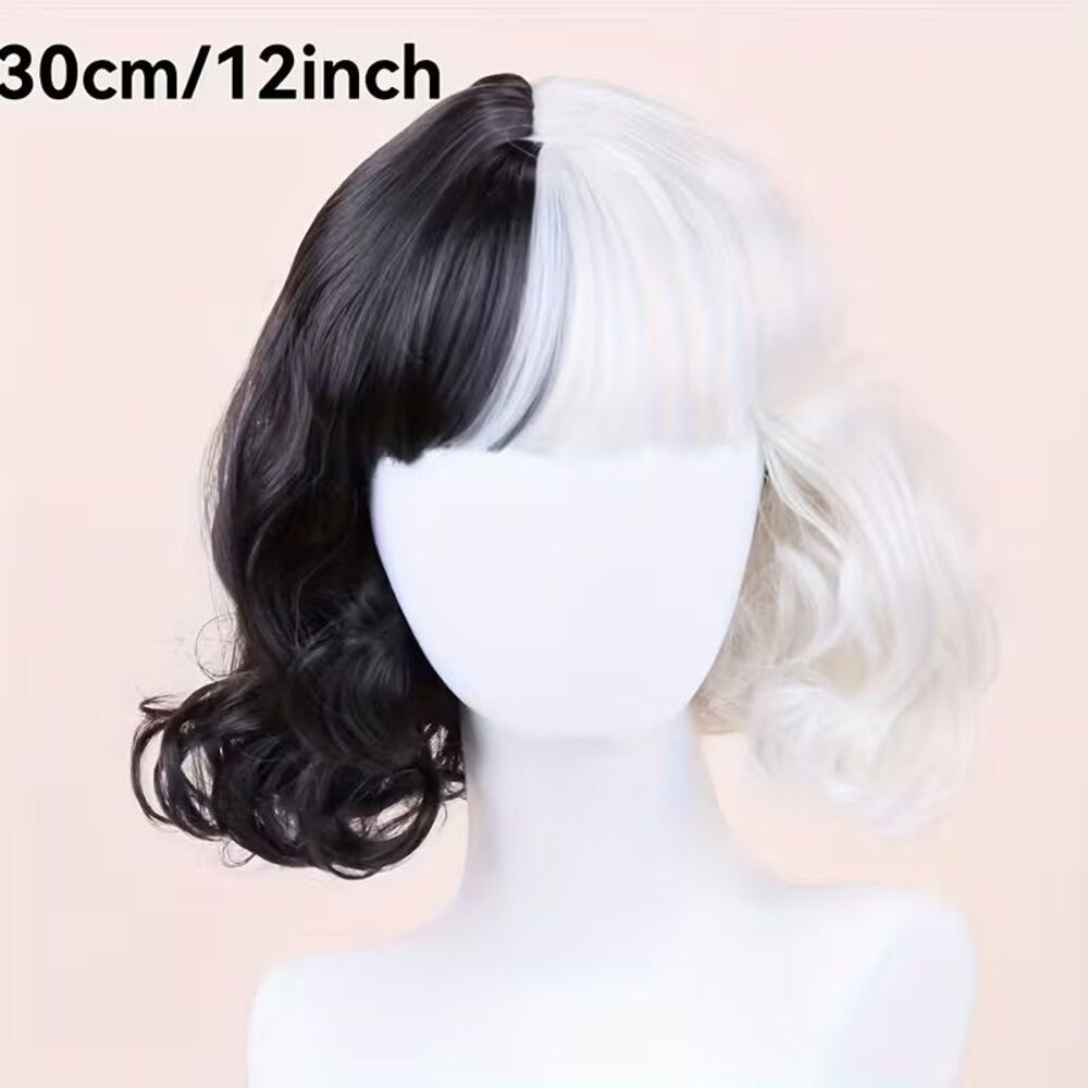 Black & White Synthetic Wig w/Bangs Halloween Costume Cosplay Cruella NWT